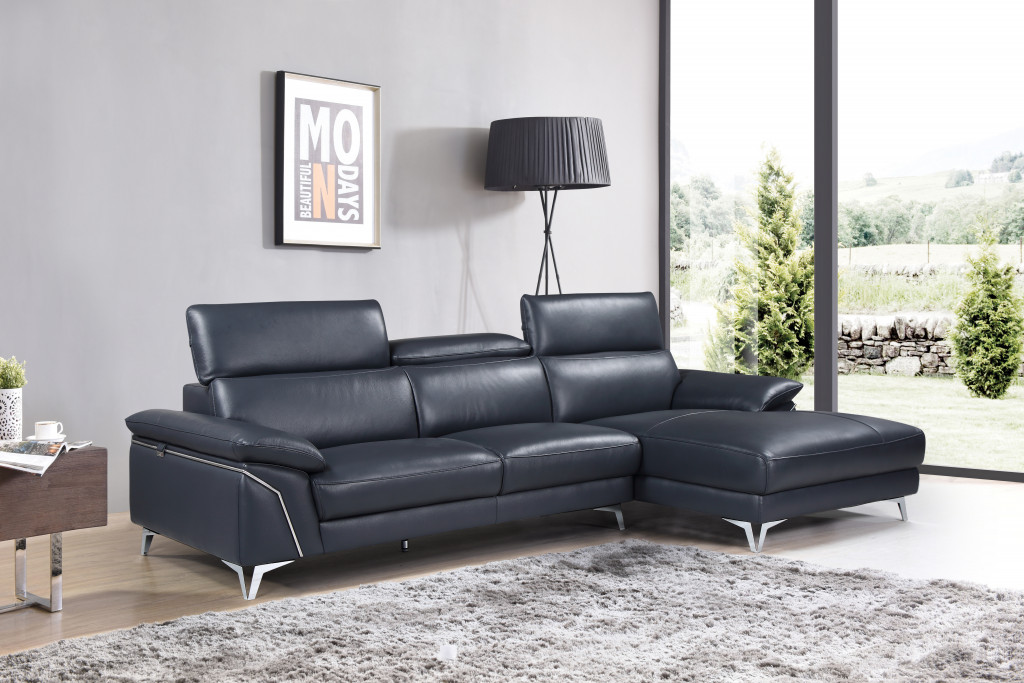 Navy Blue Italian Leather L-Shaped Sofa with Chaise Sectional 9 Navy Blue Italian Leather L-Shaped Sofa with Chaise Sectional - Image 9