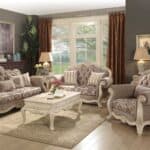 Gray and Off White Damask Chesterfield Loveseat with Toss Pillows