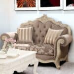 Gray and Off White Damask Chesterfield Loveseat with Toss Pillows