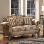 Brown Platinum Damask Chesterfield Loveseat with Rolled Arms 69-Inch
