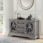 Natural Finish Solid Wood Server With Storage and Scrolled Motifs