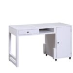 White Rectangular Writing Desk with Cabinets for Storage
