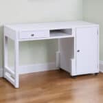 White Rectangular Writing Desk with Cabinets for Storage
