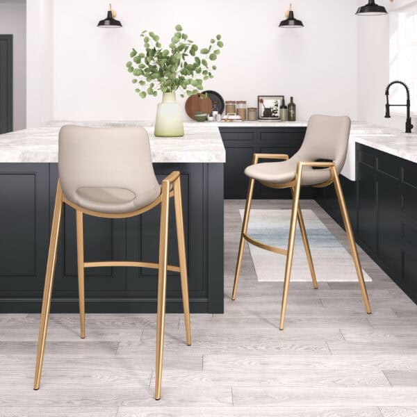 Beige Faux Leather Barstool with Gold Frame and Footrest (Set of 2)