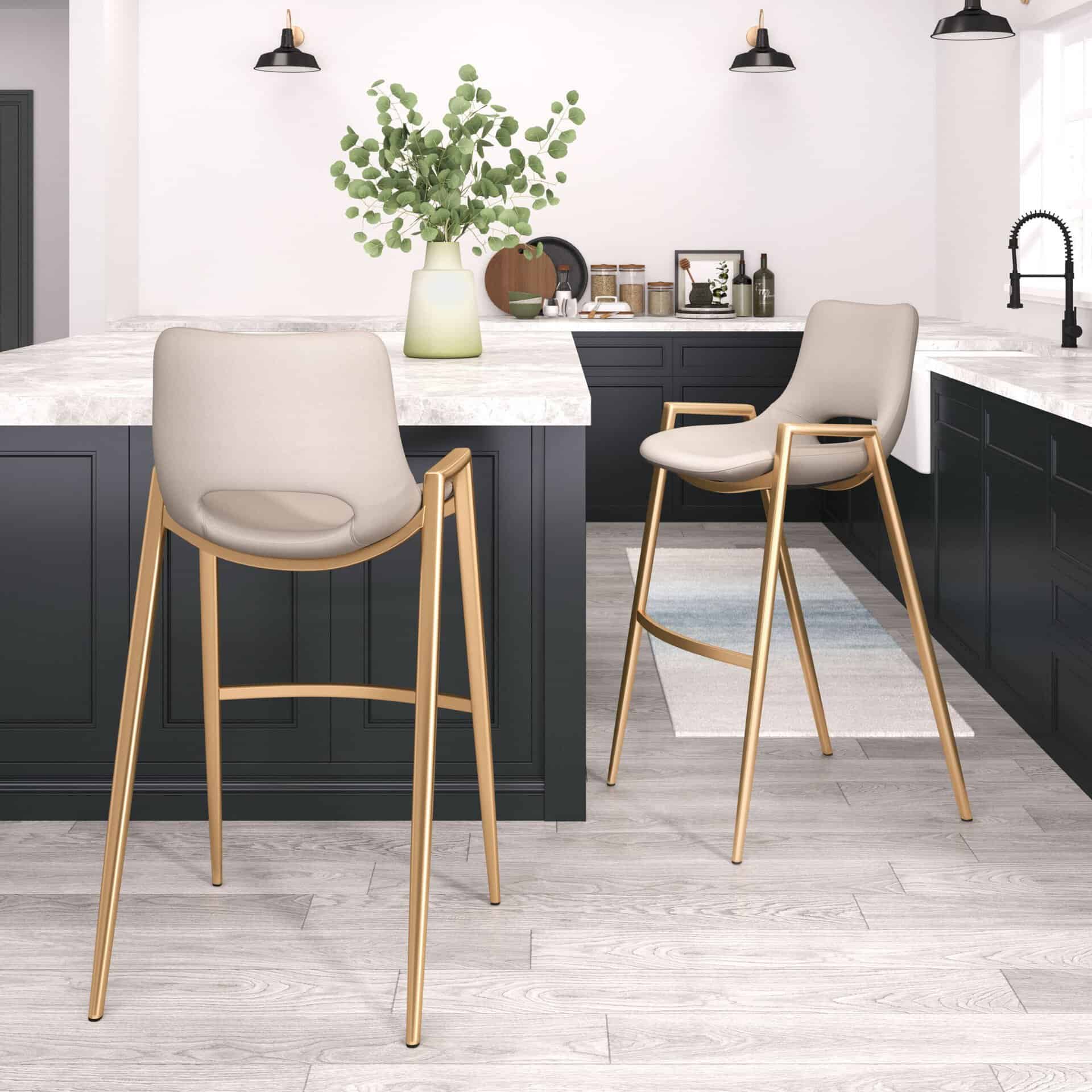 Beige Faux Leather Barstool with Gold Frame and Footrest (Set of 2)