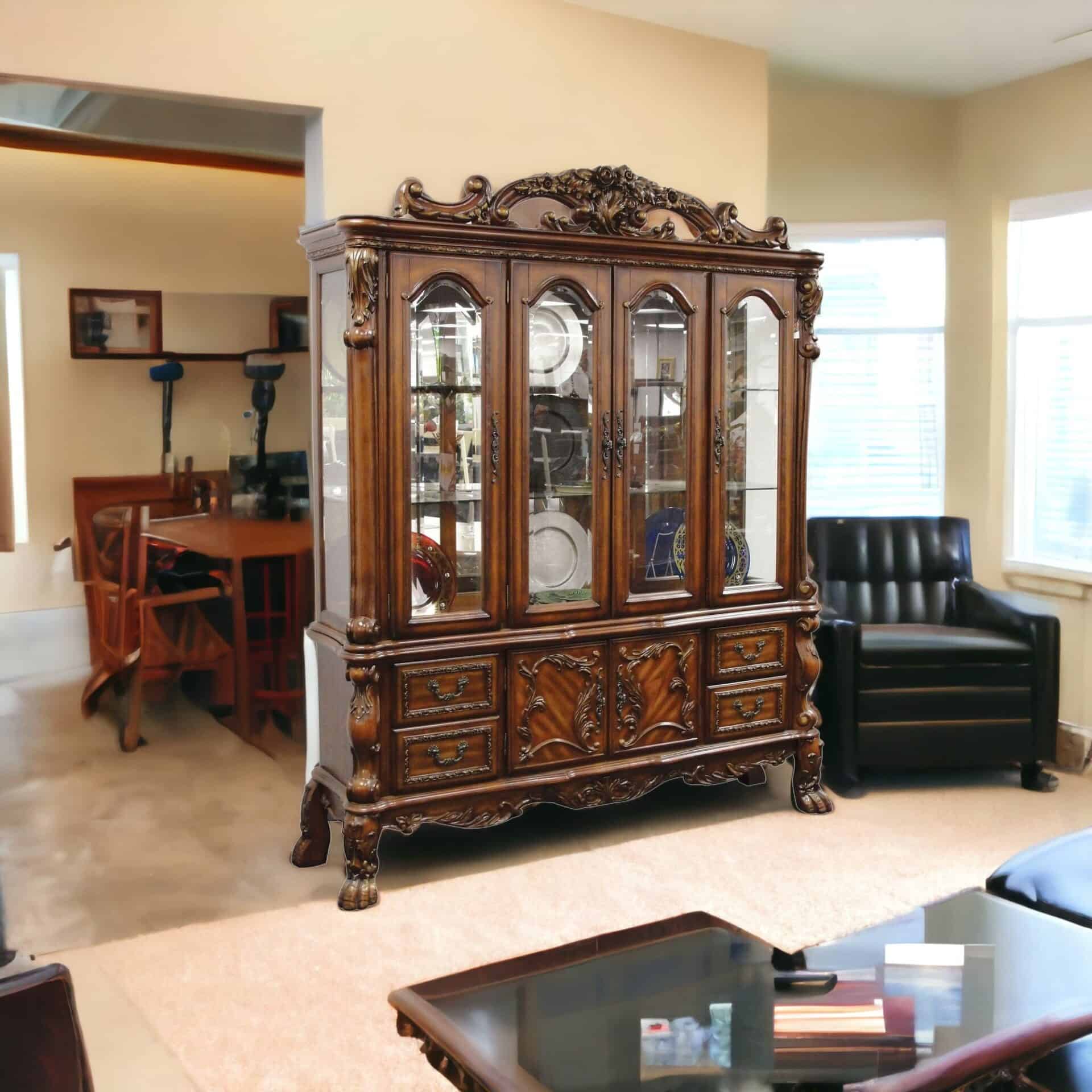 Traditional Cherry Oak Wood Glass Hutch Buffet with Decorative Carvings 1 Traditional Cherry Oak Wood Glass Hutch Buffet with Decorative Carvings