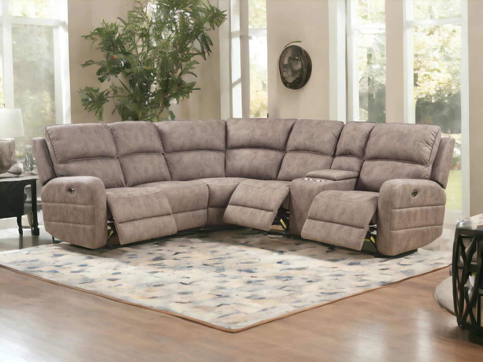Brown Top Grain Leather Power Reclining Curved Corner Sectional With Console 2 Brown Top Grain Leather Power Reclining Curved Corner Sectional With Console - Image 2