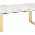 White Faux Marble Coffee Table with Gold Geometric Base
