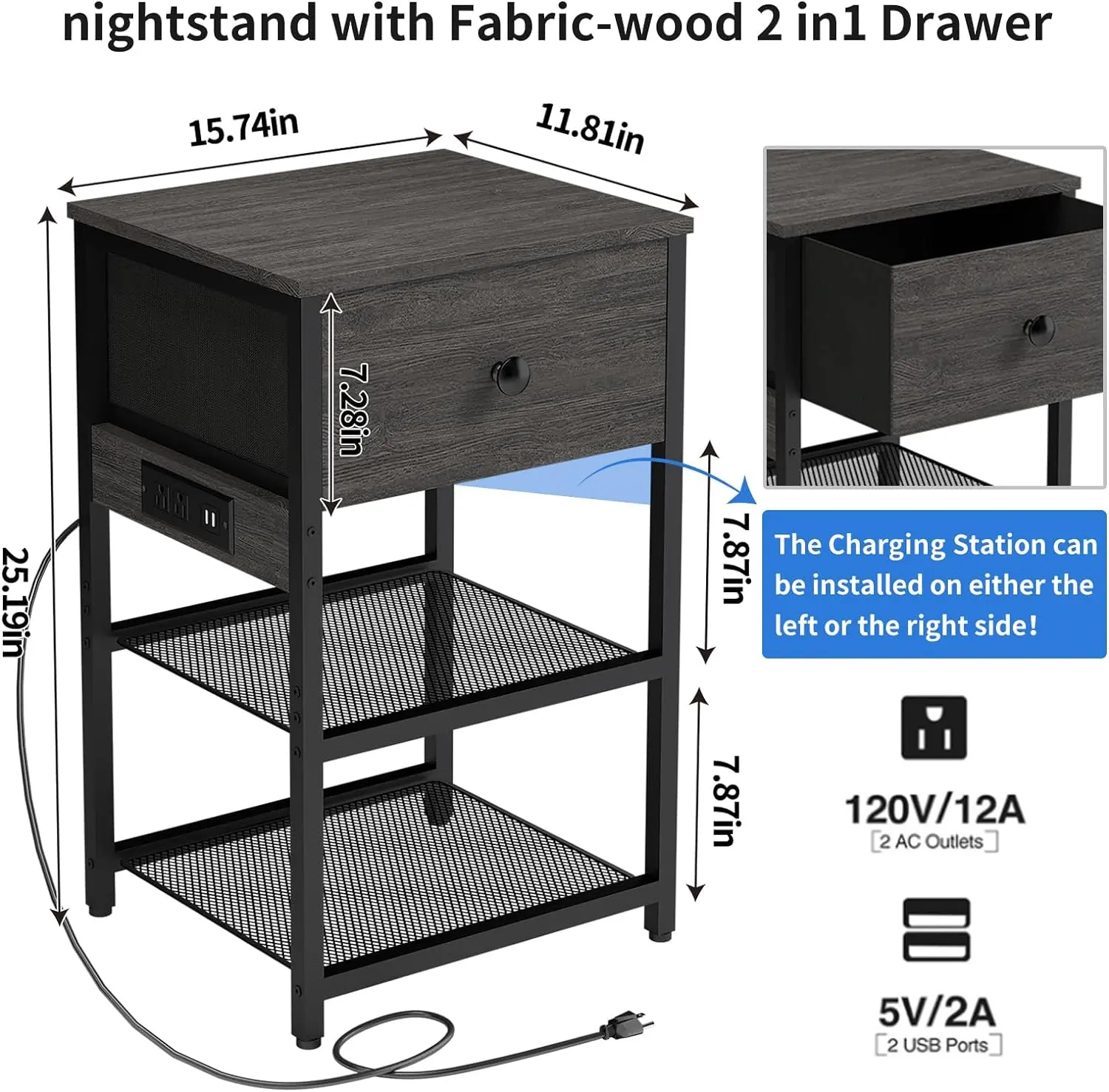 Set of 2 End Tables with Charging Station Grey Cave Supplies
