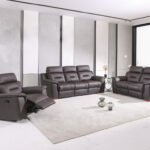 Three Piece Brown Leather Reclining Sofa Set with Storage