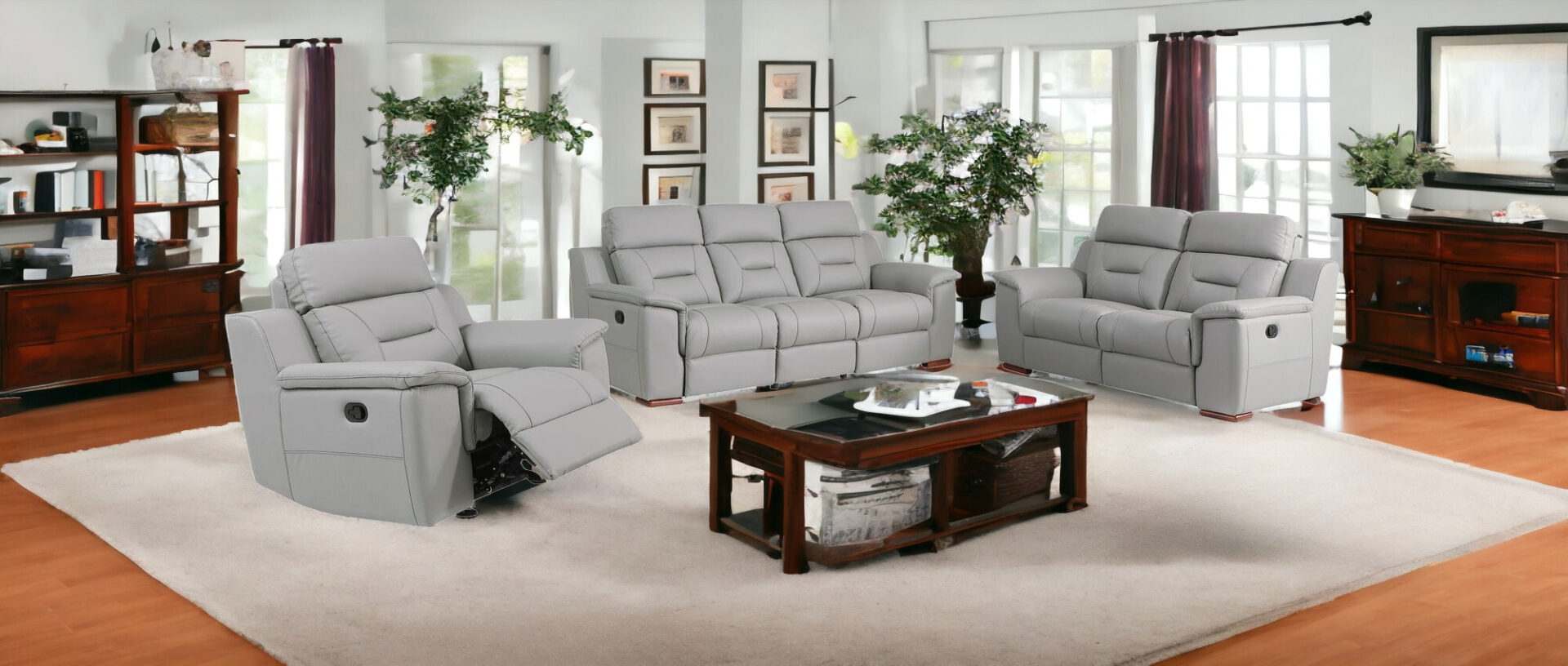 Gray Genuine Leather Reclining Sofa Set with Storage, 3 Pieces 2 Gray Genuine Leather Reclining Sofa Set with Storage, 3 Pieces - Image 2