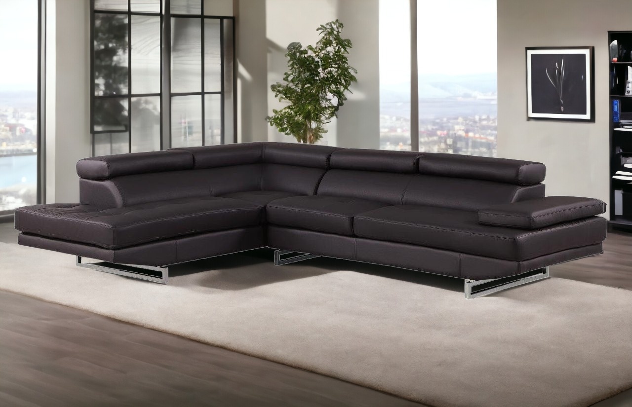 Black Leather L-Shaped Two-Piece Corner Sectional with Metal Legs 2 Black Leather L-Shaped Two-Piece Corner Sectional with Metal Legs - Image 2