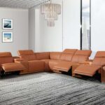Camel Italian Leather U-Shaped Reclining Sectional with Console