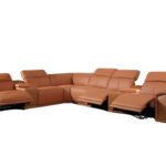 Camel Italian Leather U-Shaped Reclining Sectional with Console