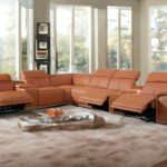 Camel Italian Leather U-Shaped Reclining Sectional with Console