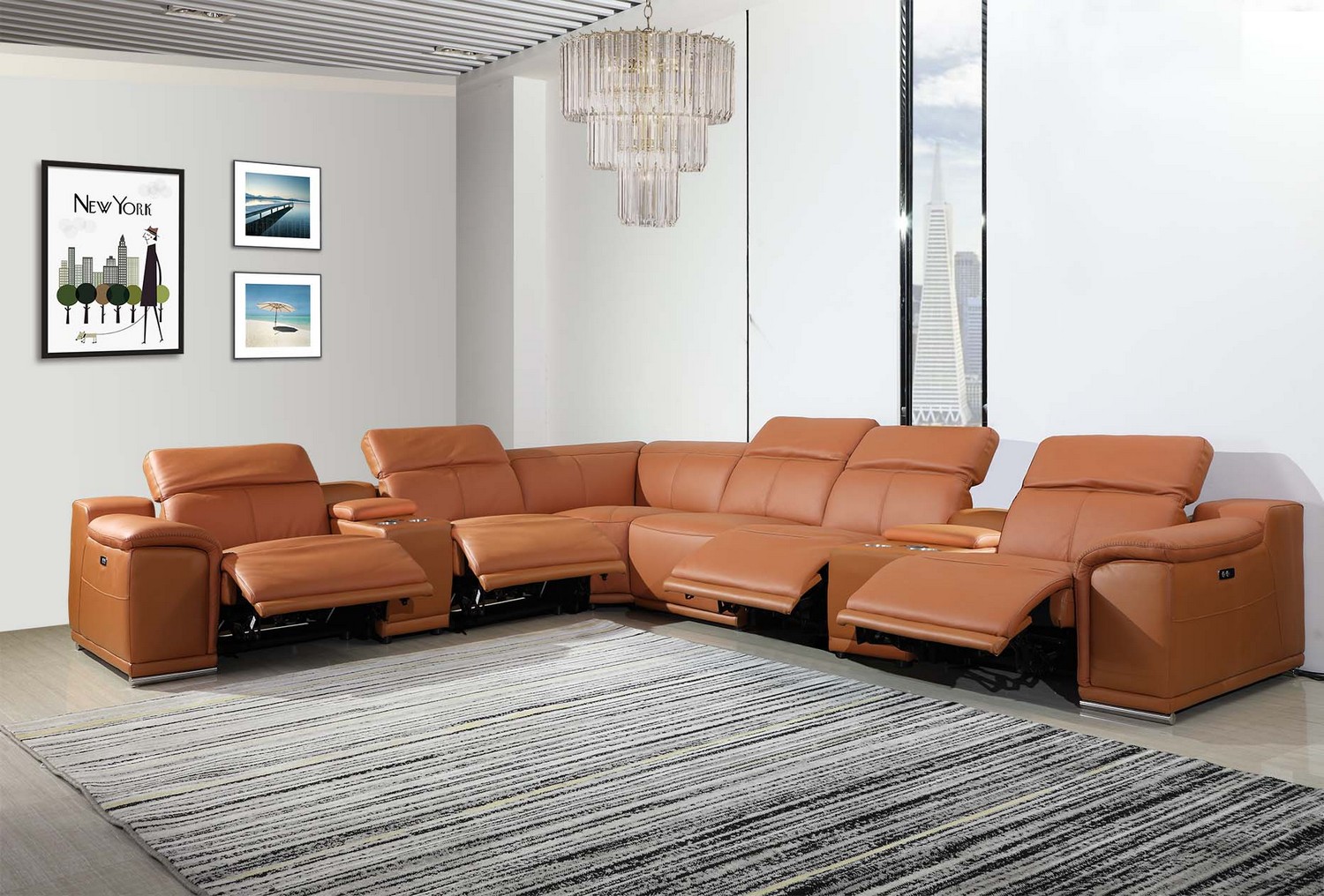 320 Inch Camel Italian Leather Power Reclining U Shaped Sectional 8 320 Inch Camel Italian Leather Power Reclining U Shaped Sectional - Image 8