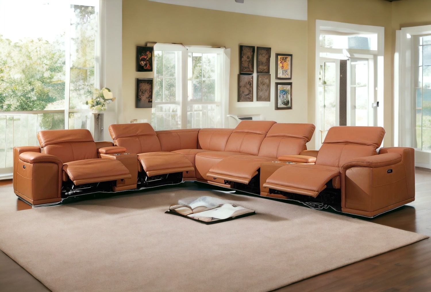 320 Inch Camel Italian Leather Power Reclining U Shaped Sectional 1 320 Inch Camel Italian Leather Power Reclining U Shaped Sectional