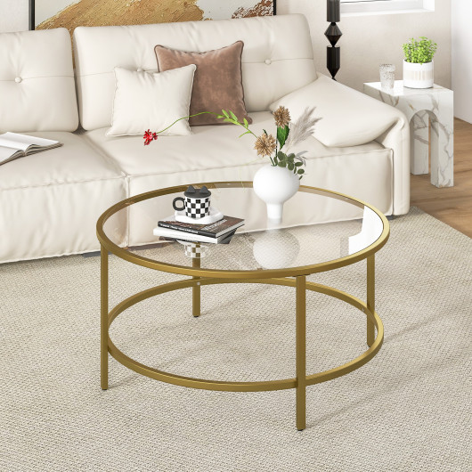 36 Inch Round Tempered Glass Coffee Table with Metal Frame 2 36 Inch Round Tempered Glass Coffee Table with Metal Frame - Image 2