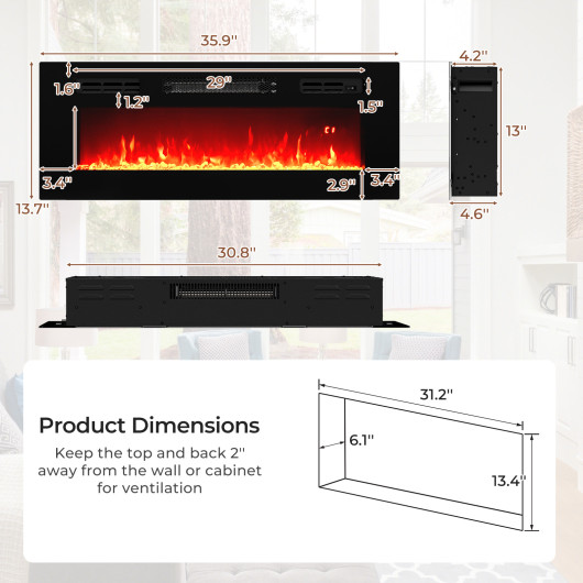 36 Inch Electric Fireplace Heater with LED Lights and Remote - Image 4
