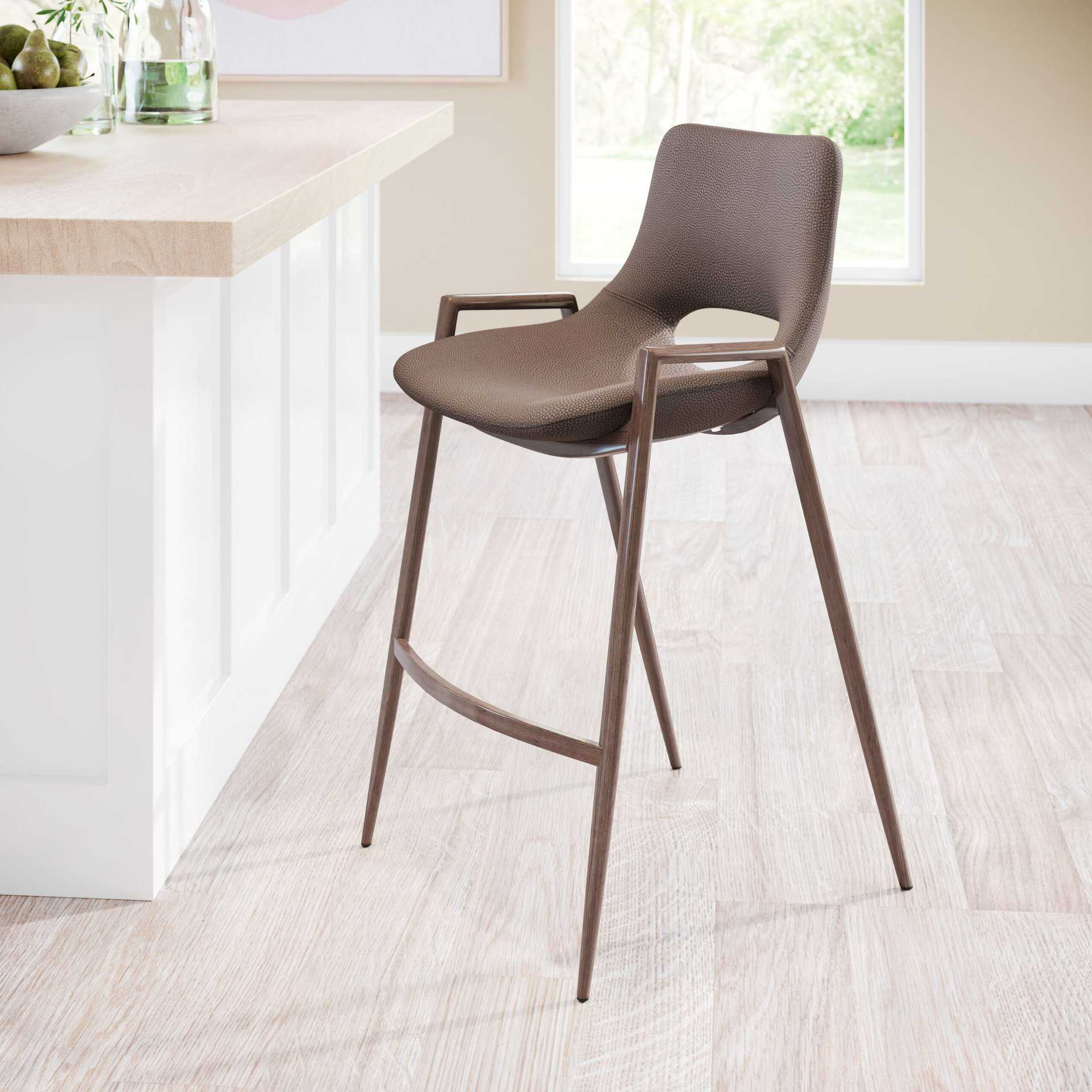 Mid-Century Modern Counter Stool Brown with Walnut Legs (Set of 2)