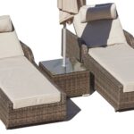 78" Brown Outdoor Chaise Lounge with Beige Cushion, Set of 2