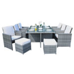 11 Piece Gray Glass Outdoor Dining Set with Wicker Base