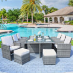 11 Piece Gray Glass Outdoor Dining Set with Wicker Base