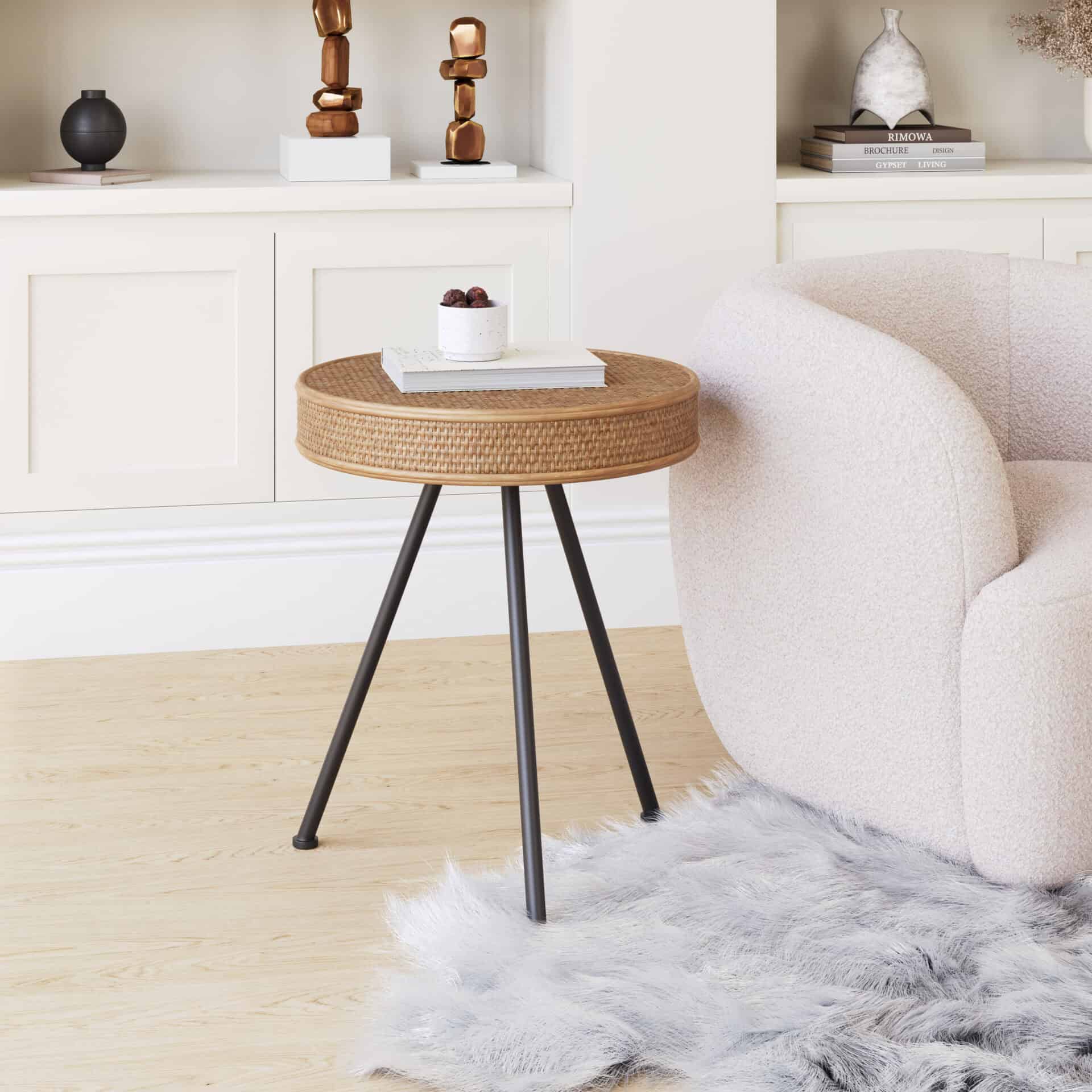Round Wood and Rattan Side Table with Steel Frame 1 Round Wood and Rattan Side Table with Steel Frame