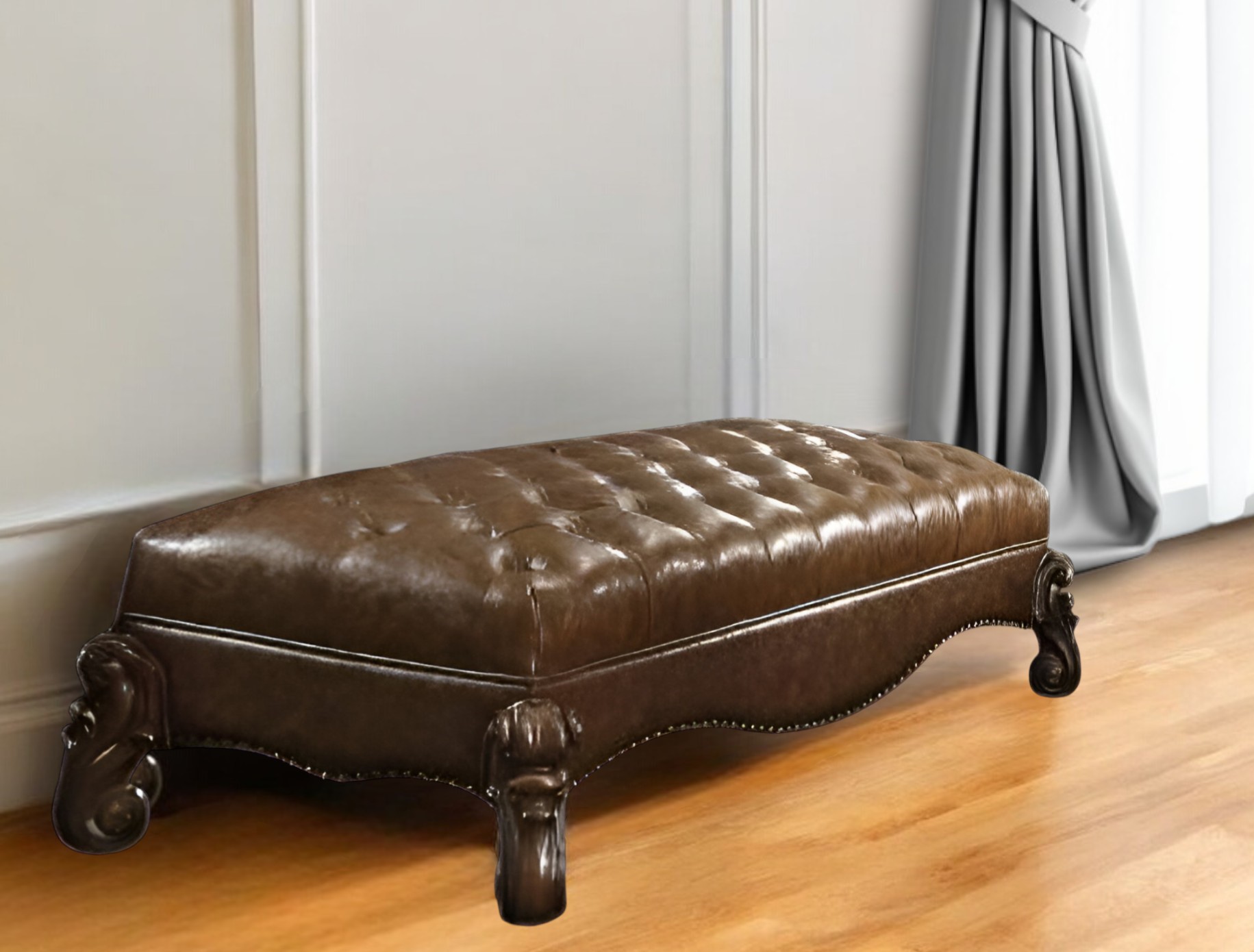65" Brown Faux Leather Upholstered Tufted Bench, Seats 2 2 65" Brown Faux Leather Upholstered Tufted Bench, Seats 2 - Image 2