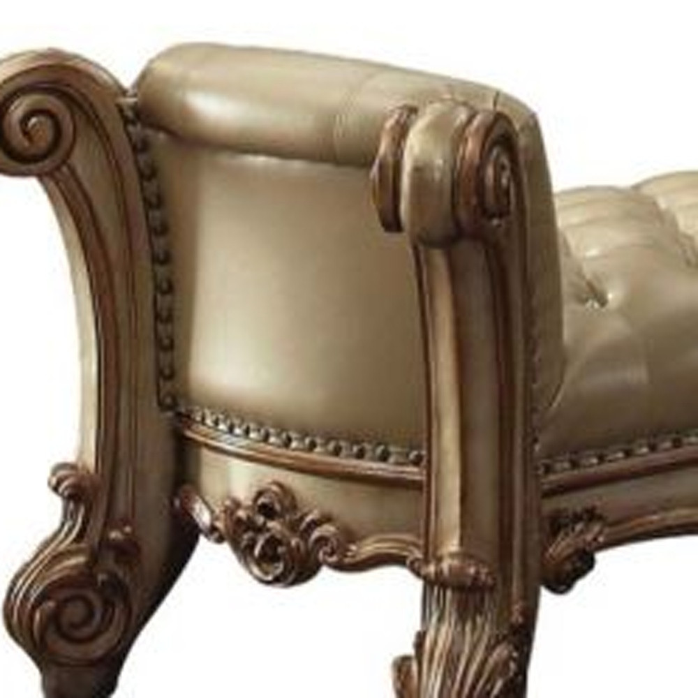 74" Bone and Gold Faux Leather Upholstered Tufted Bench 3 74" Bone and Gold Faux Leather Upholstered Tufted Bench - Image 3