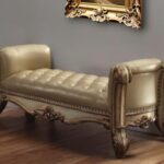 74" Bone and Gold Faux Leather Upholstered Tufted Bench 7 74" Bone and Gold Faux Leather Upholstered Tufted Bench