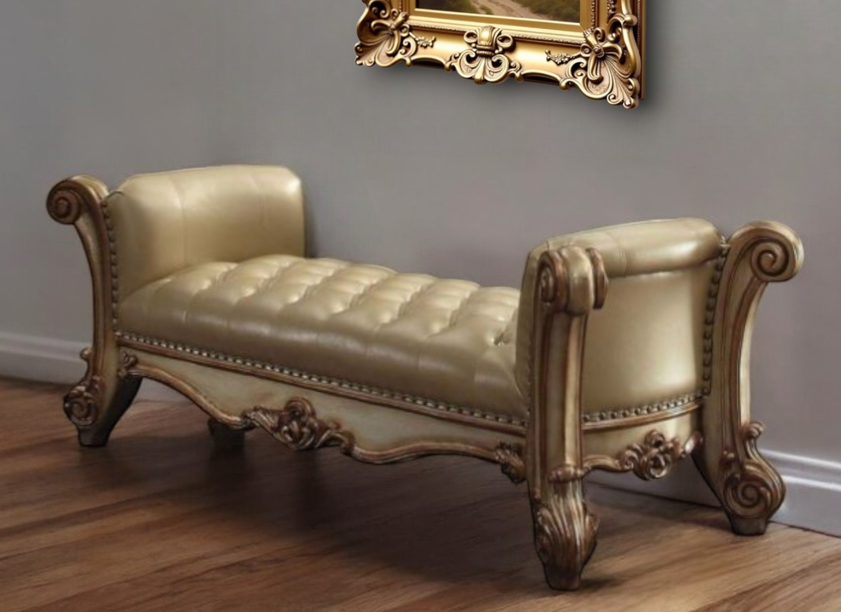 74" Bone and Gold Faux Leather Upholstered Tufted Bench 2 74" Bone and Gold Faux Leather Upholstered Tufted Bench - Image 2