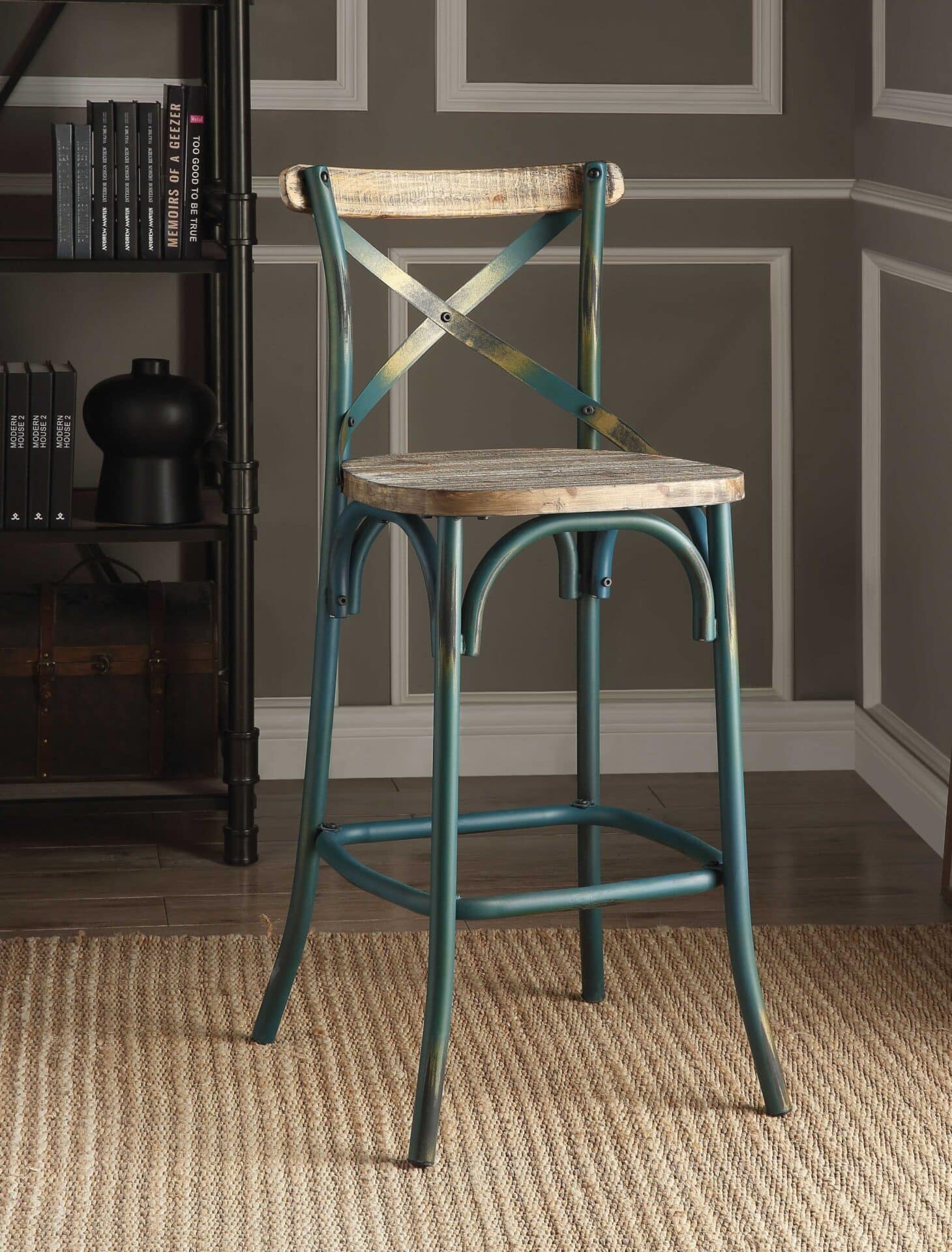 21-Inch Brown and Turquoise Wood and Metal Bar Stool 7 21-Inch Brown and Turquoise Wood and Metal Bar Stool - Image 7