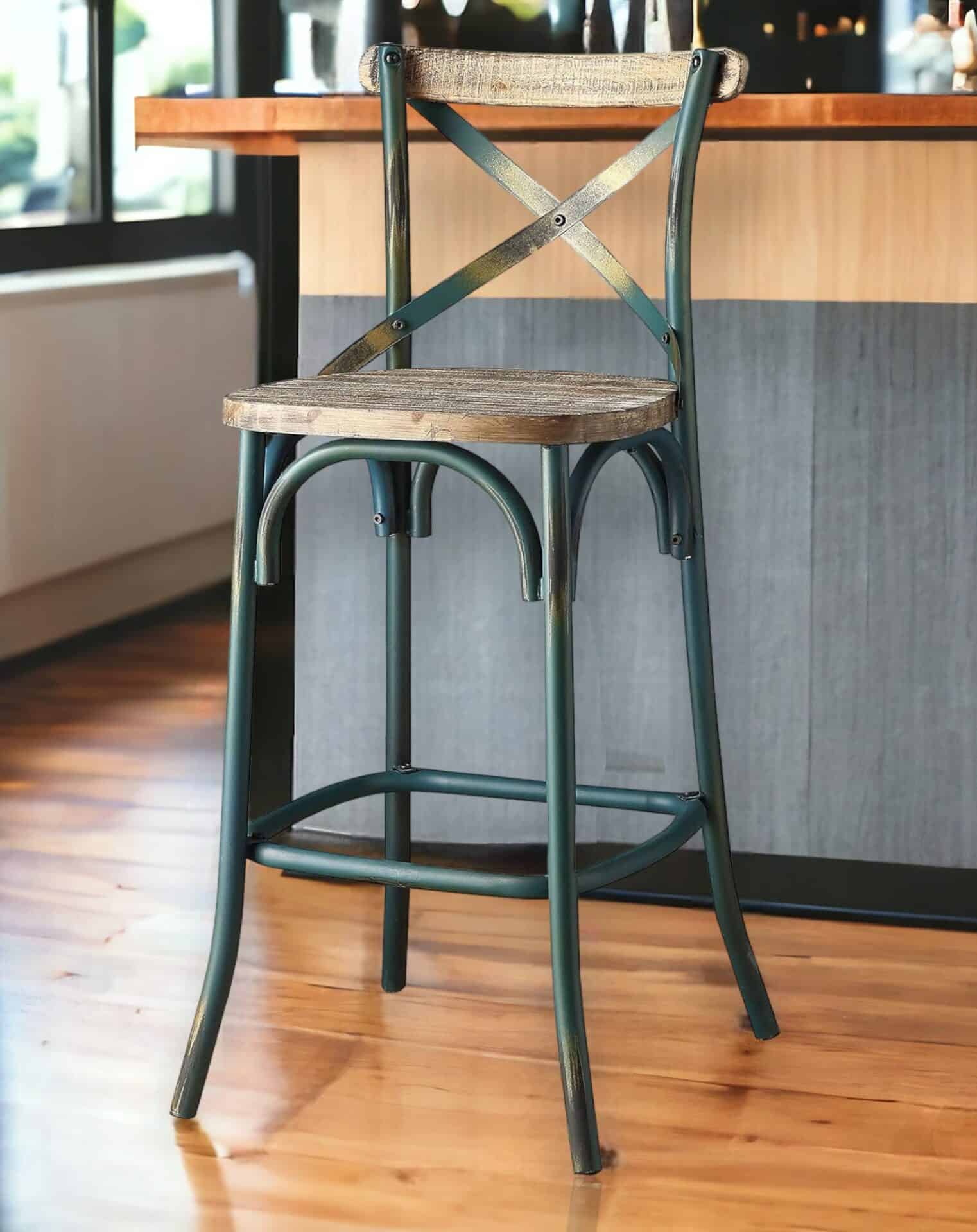 21-Inch Brown and Turquoise Wood and Metal Bar Stool 2 21-Inch Brown and Turquoise Wood and Metal Bar Stool - Image 2