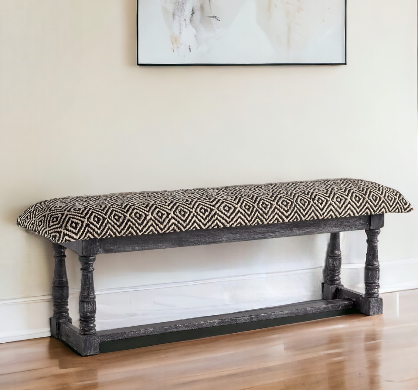 56" Black and White Trellis Upholstered Bench with Gray Base 1 56" Black and White Trellis Upholstered Bench with Gray Base