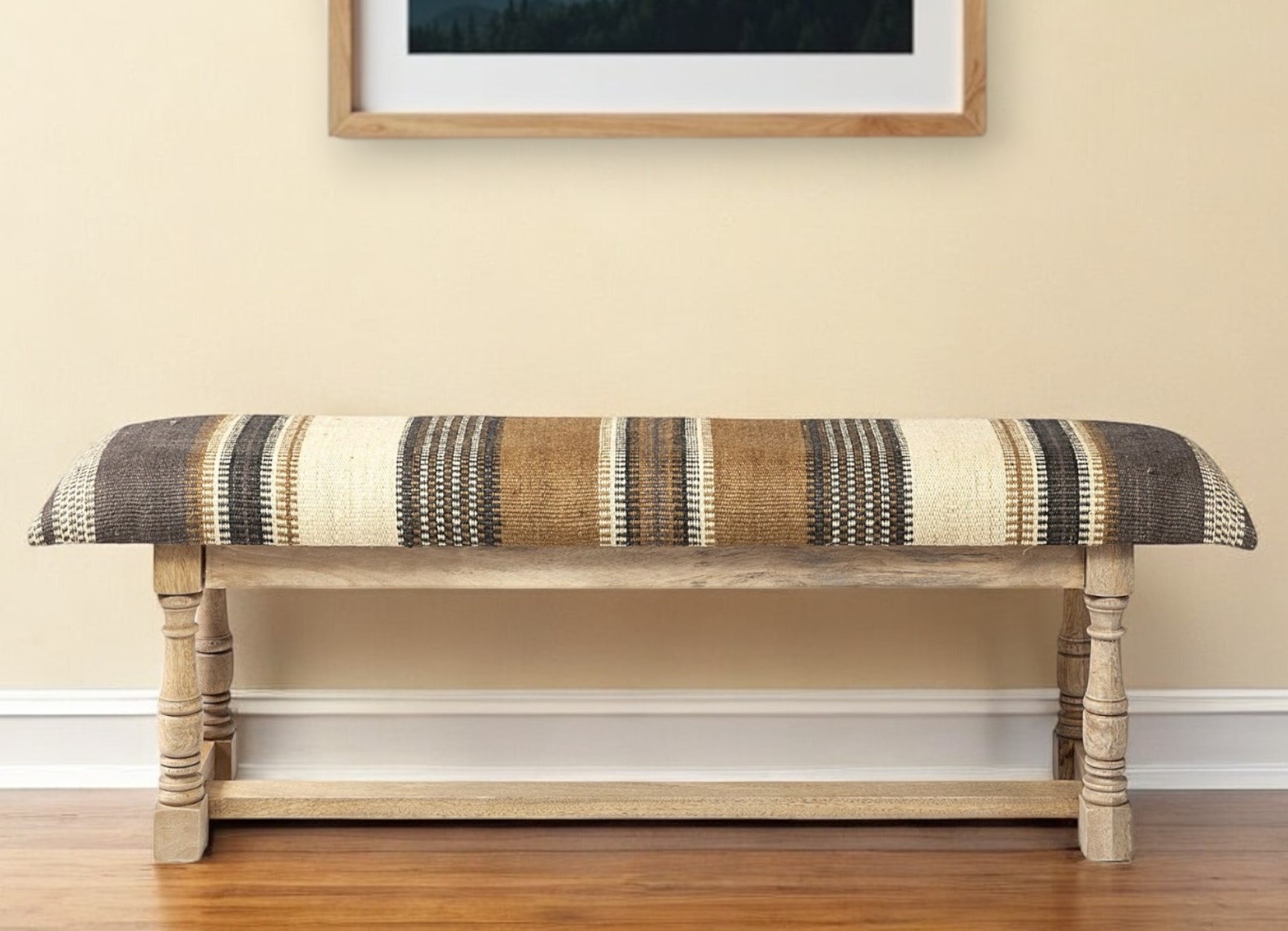 59" Beige Brown Natural Jute Striped Upholstered Entryway Bench 2 59" Beige Brown Natural Jute Striped Upholstered Entryway Bench - Image 2