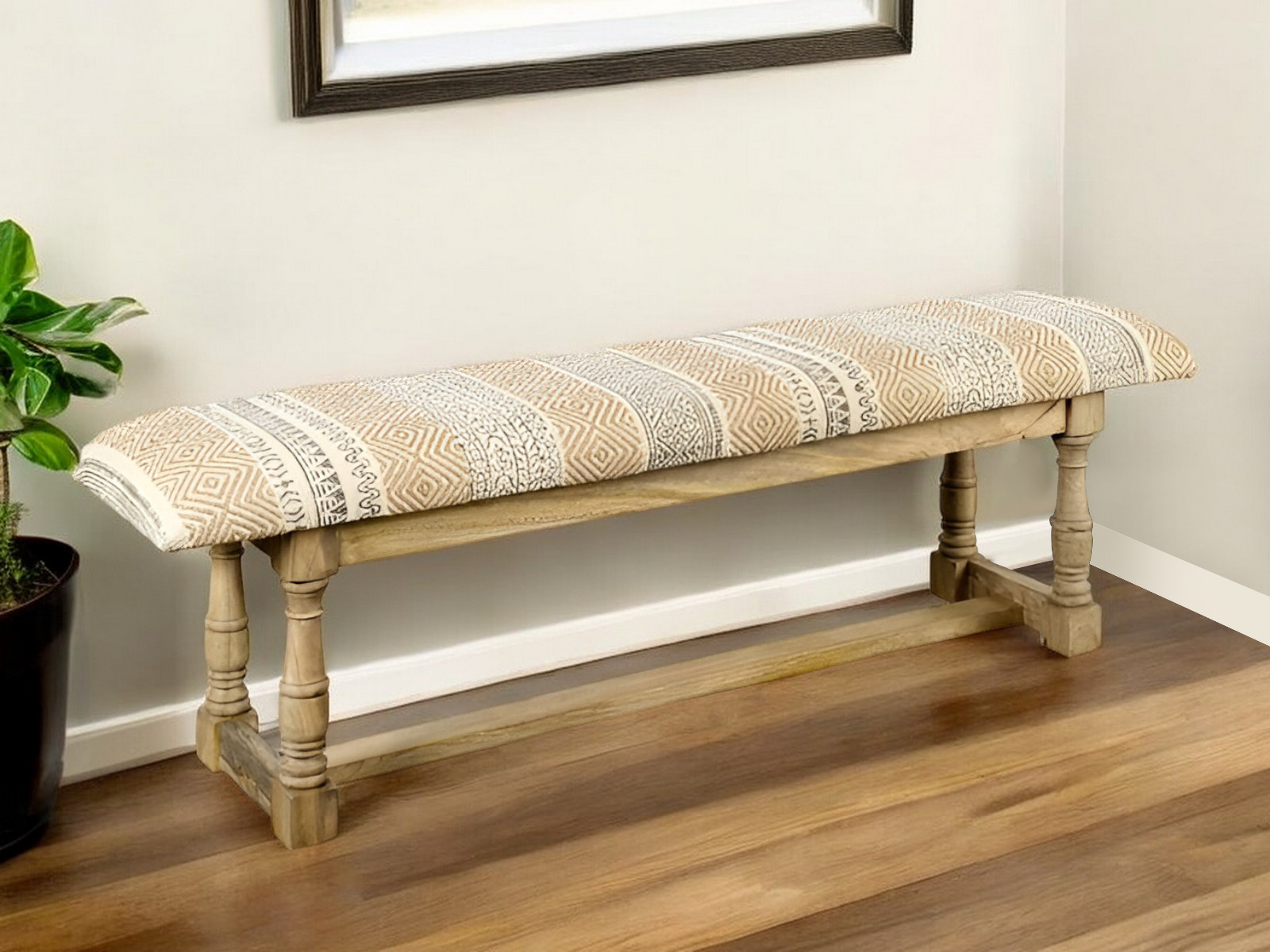 59" Beige Orange Geometric Jute Upholstered Accent Bench 1 59" Beige Orange Geometric Jute Upholstered Accent Bench