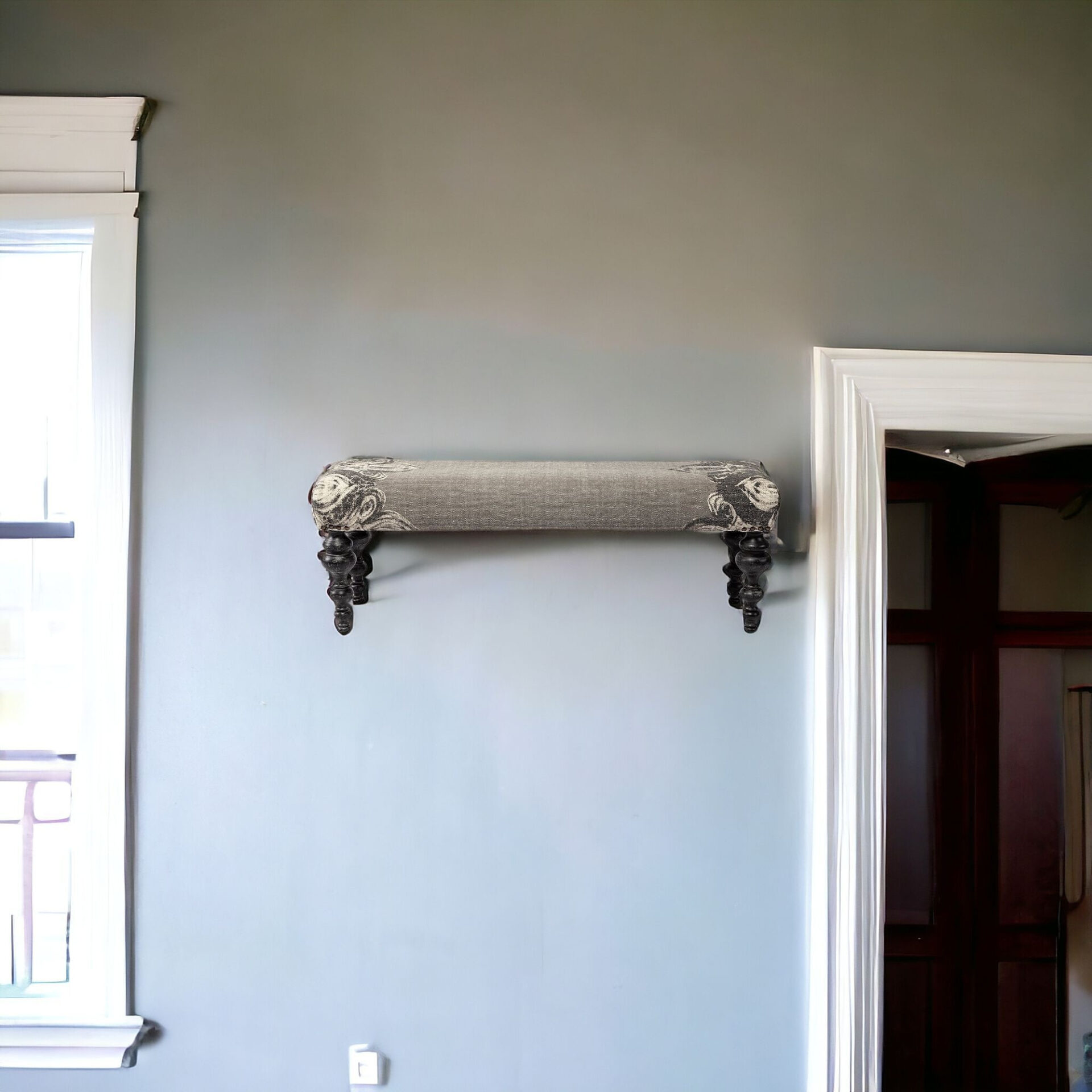 55" Gray and Black Floral Upholstered Distressed Entryway Bench 4 55" Gray and Black Floral Upholstered Distressed Entryway Bench - Image 4