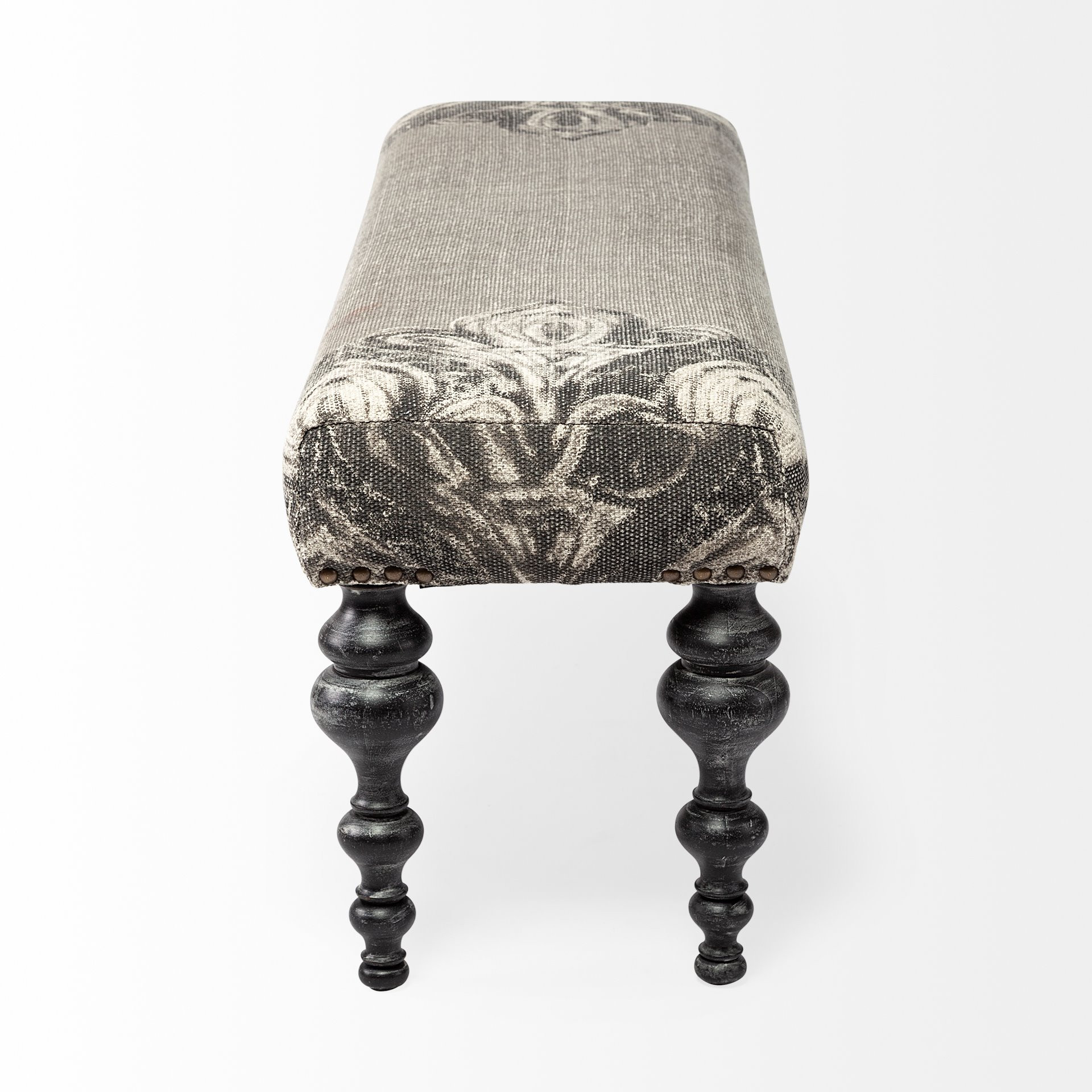 55" Gray and Black Floral Upholstered Distressed Entryway Bench 5 55" Gray and Black Floral Upholstered Distressed Entryway Bench - Image 5