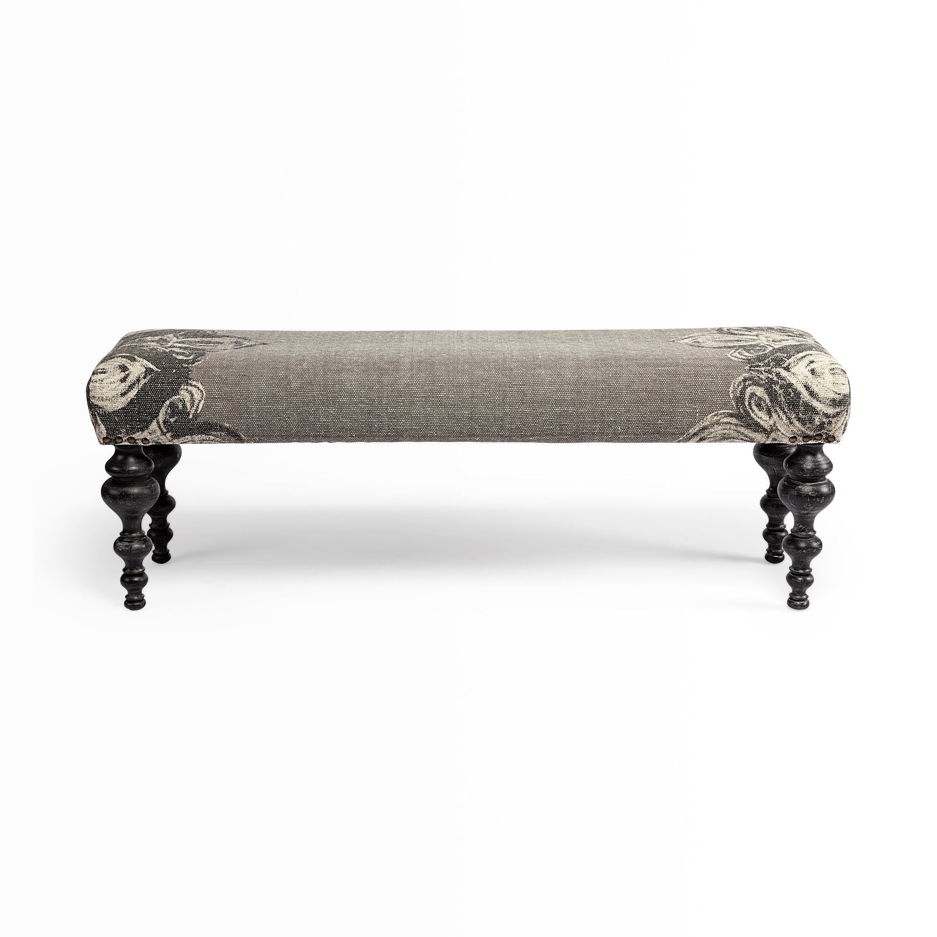 55" Gray and Black Floral Upholstered Distressed Entryway Bench 6 55" Gray and Black Floral Upholstered Distressed Entryway Bench - Image 6