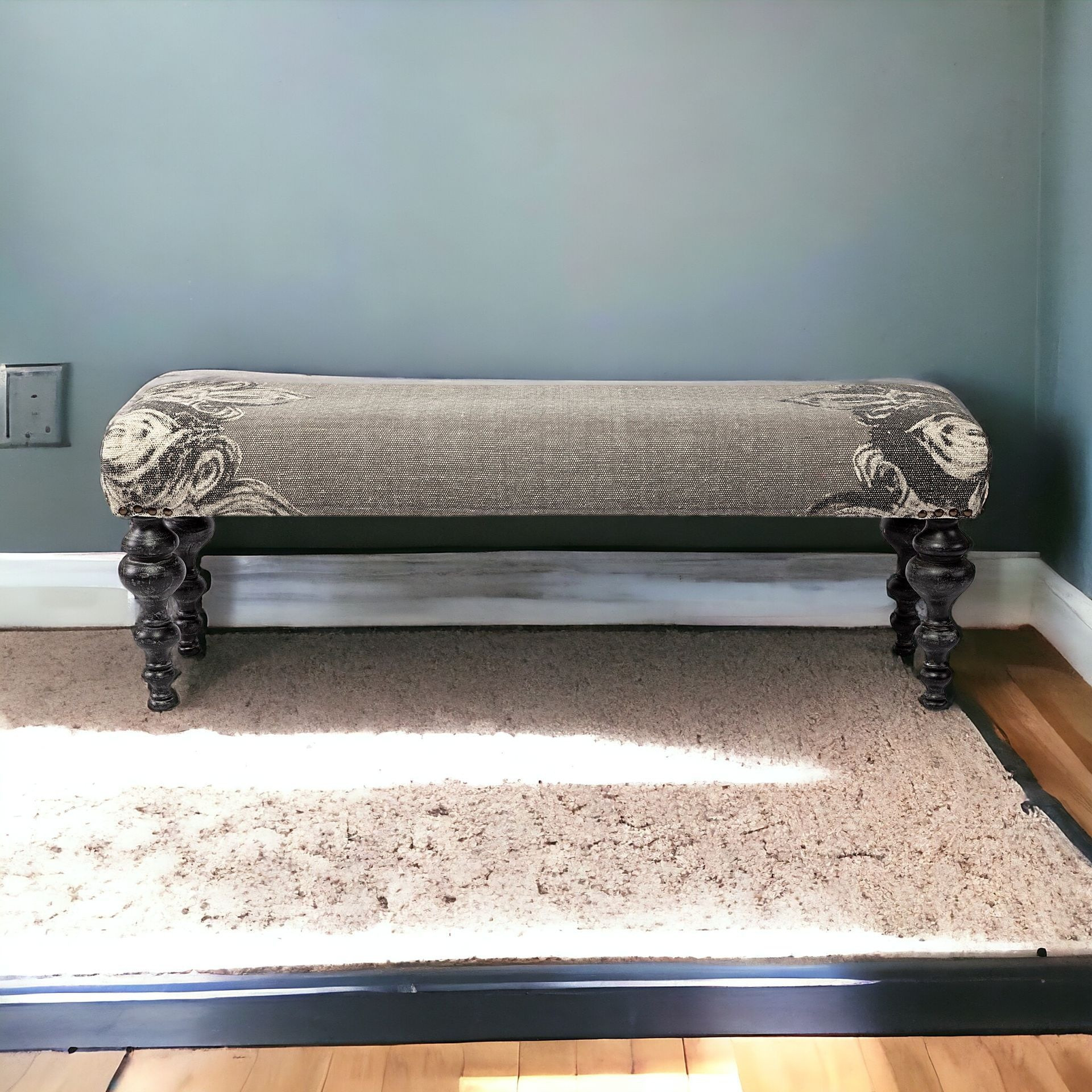55" Gray and Black Floral Upholstered Distressed Entryway Bench 2 55" Gray and Black Floral Upholstered Distressed Entryway Bench - Image 2