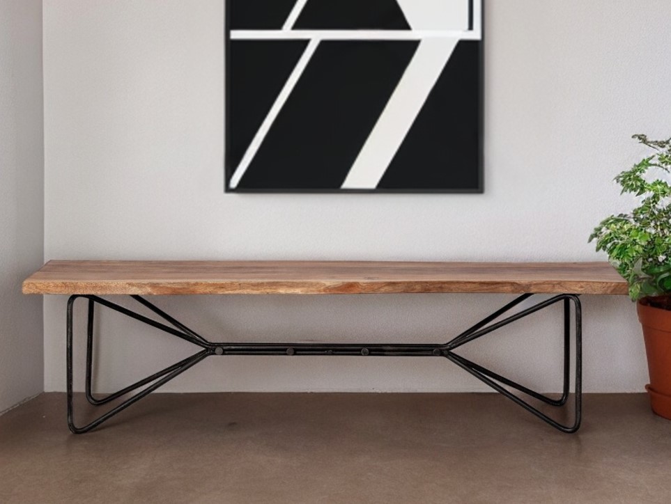 16" Brown and Black Dining Bench with Wood Top and Metal Base 1 16" Brown and Black Dining Bench with Wood Top and Metal Base