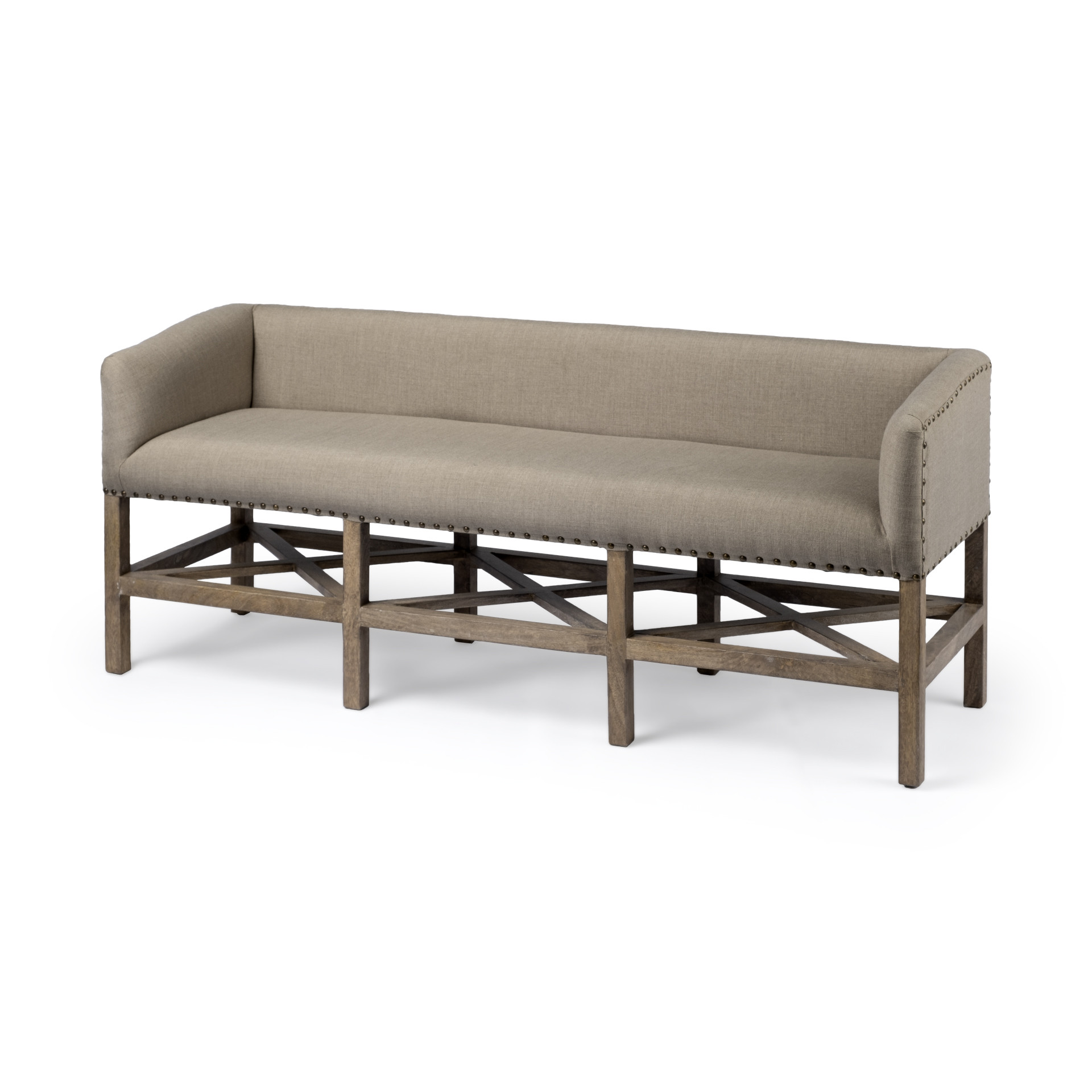 19" Beige and Brown Upholstered Cotton Blend Bench with Arms 1 19" Beige and Brown Upholstered Cotton Blend Bench with Arms