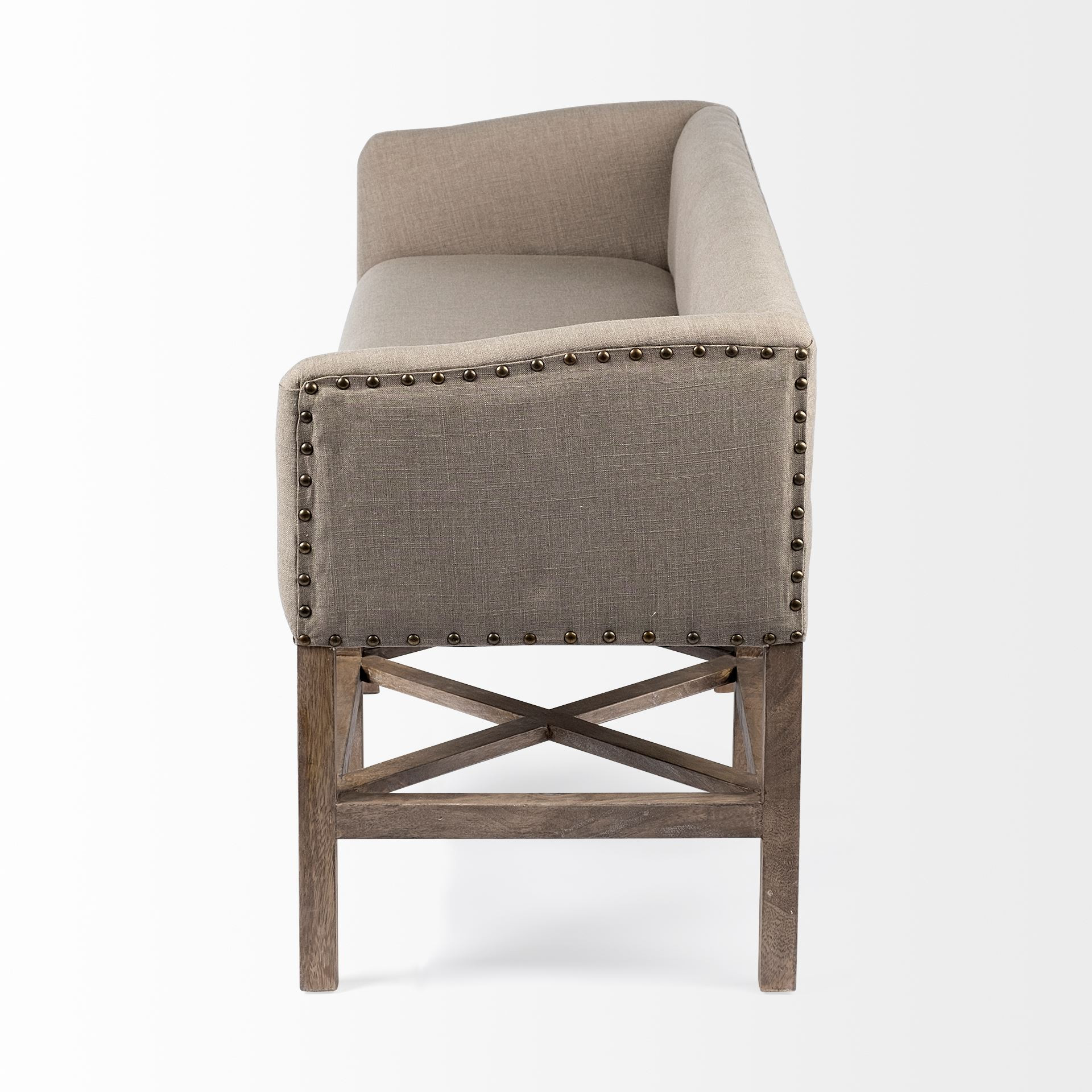 19" Beige and Brown Upholstered Cotton Blend Bench with Arms 3 19" Beige and Brown Upholstered Cotton Blend Bench with Arms - Image 3