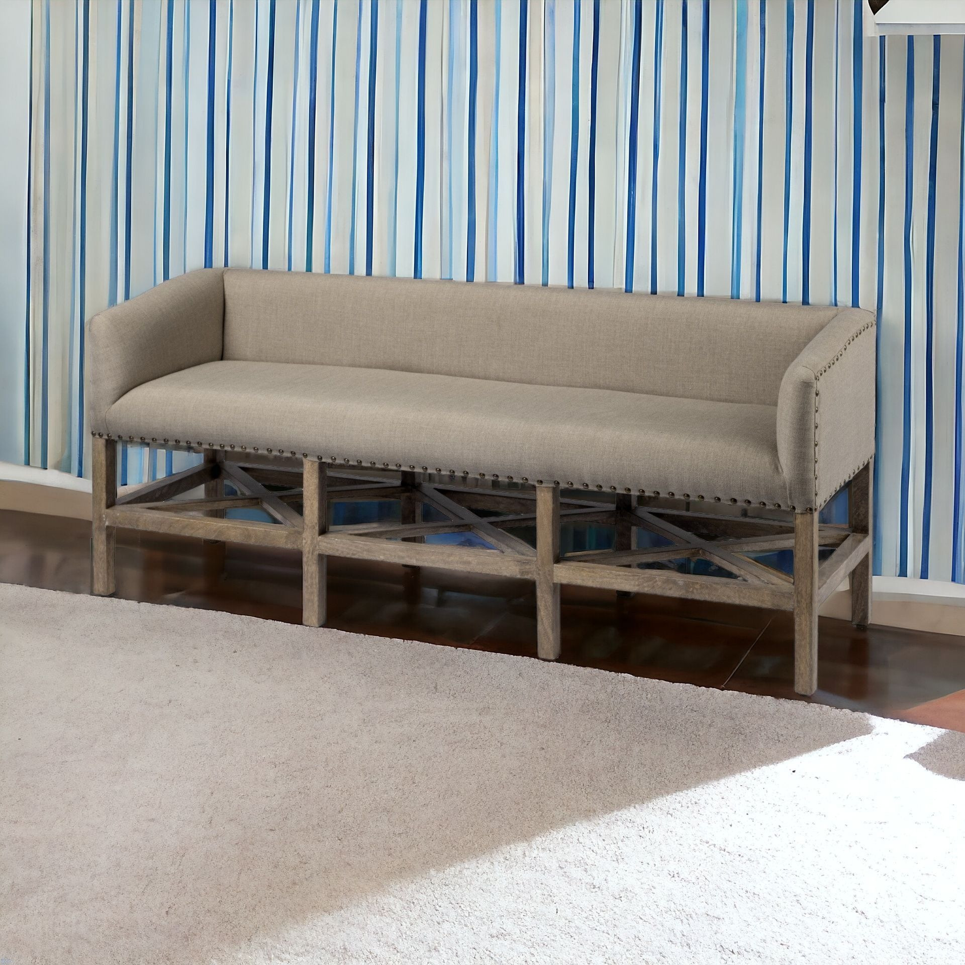 19" Beige and Brown Upholstered Cotton Blend Bench with Arms 2 19" Beige and Brown Upholstered Cotton Blend Bench with Arms - Image 2
