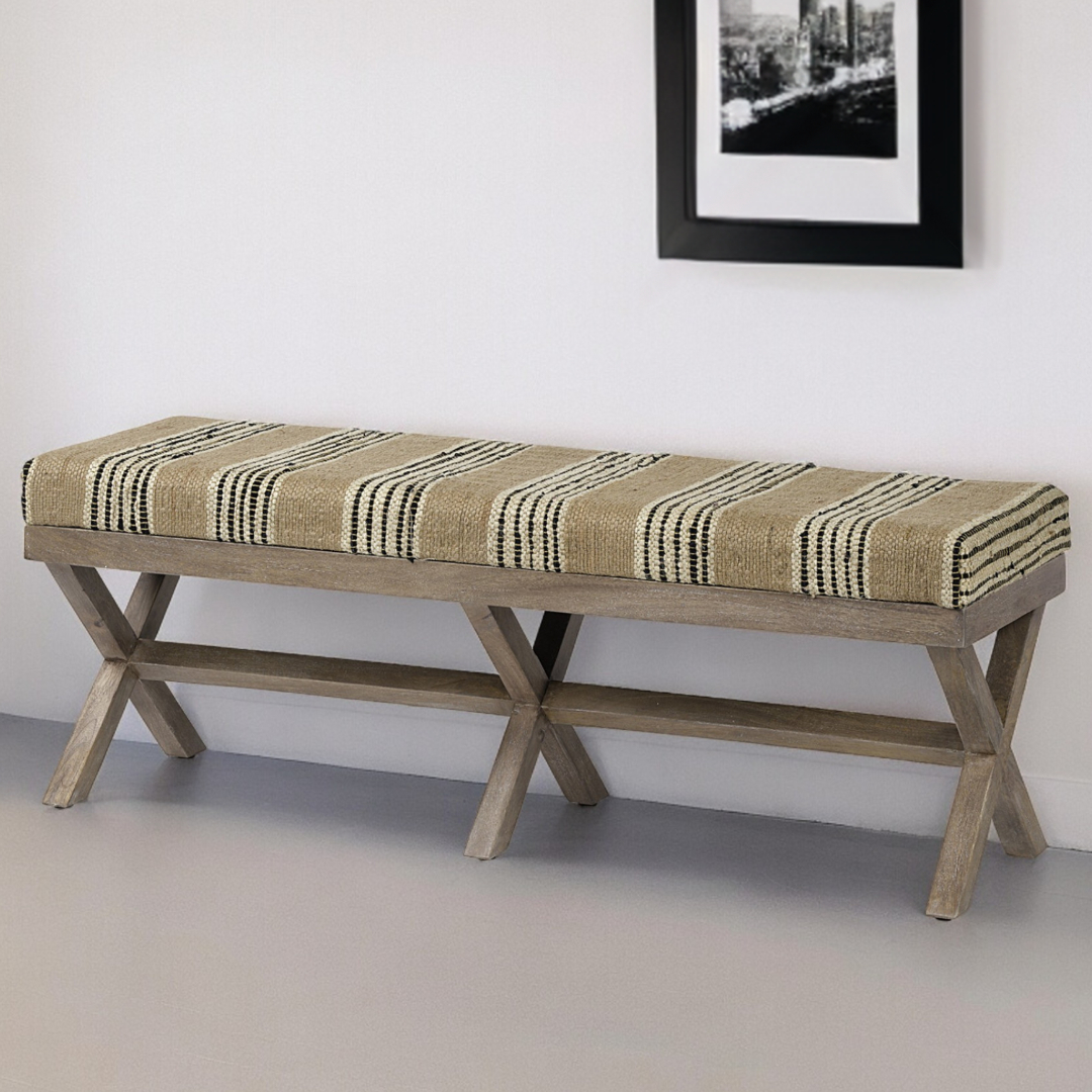 16" Beige and Brown Upholstered Cotton Blend Bench 2 16" Beige and Brown Upholstered Cotton Blend Bench - Image 2