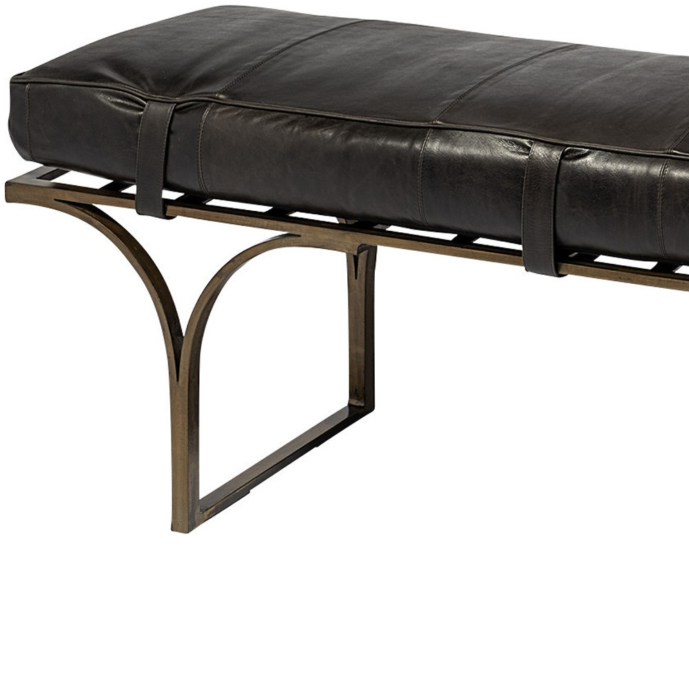 16" Black and Antiqued Brass Genuine Leather Upholstered Bench 5 16" Black and Antiqued Brass Genuine Leather Upholstered Bench - Image 5