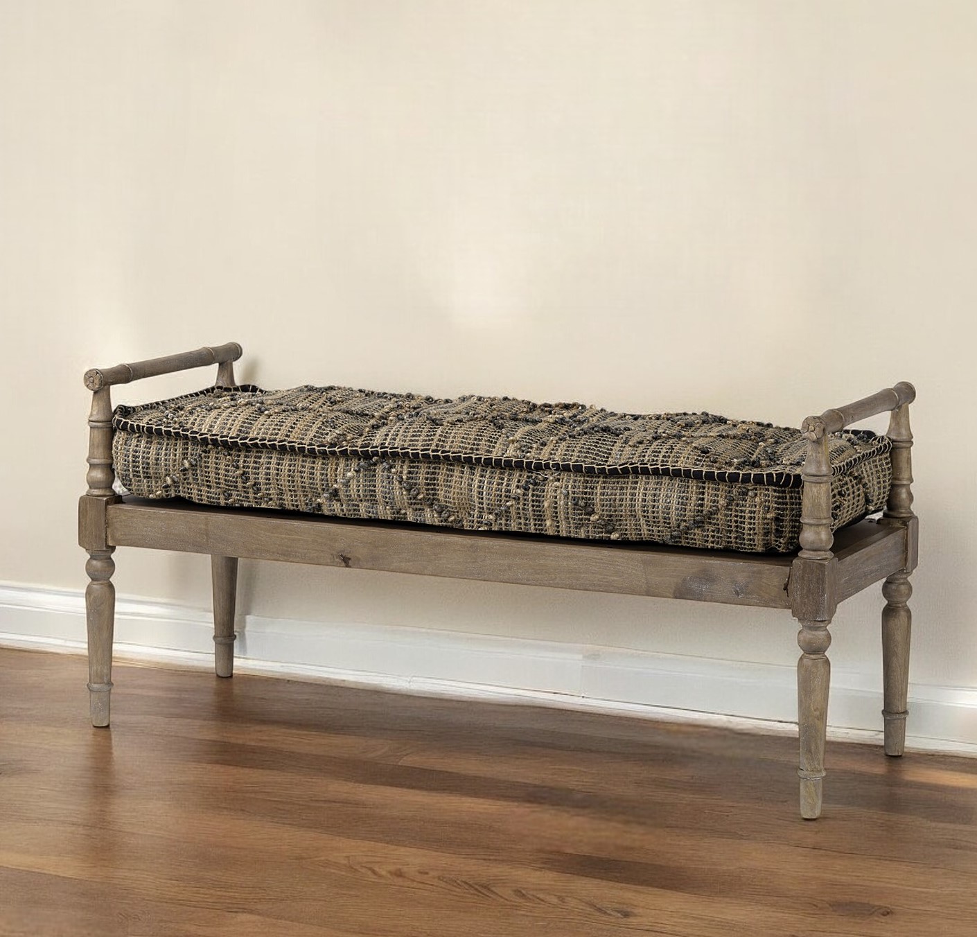 57" Beige And Brown Upholstered Cotton Blend Entryway Bench 1 57" Beige And Brown Upholstered Cotton Blend Entryway Bench