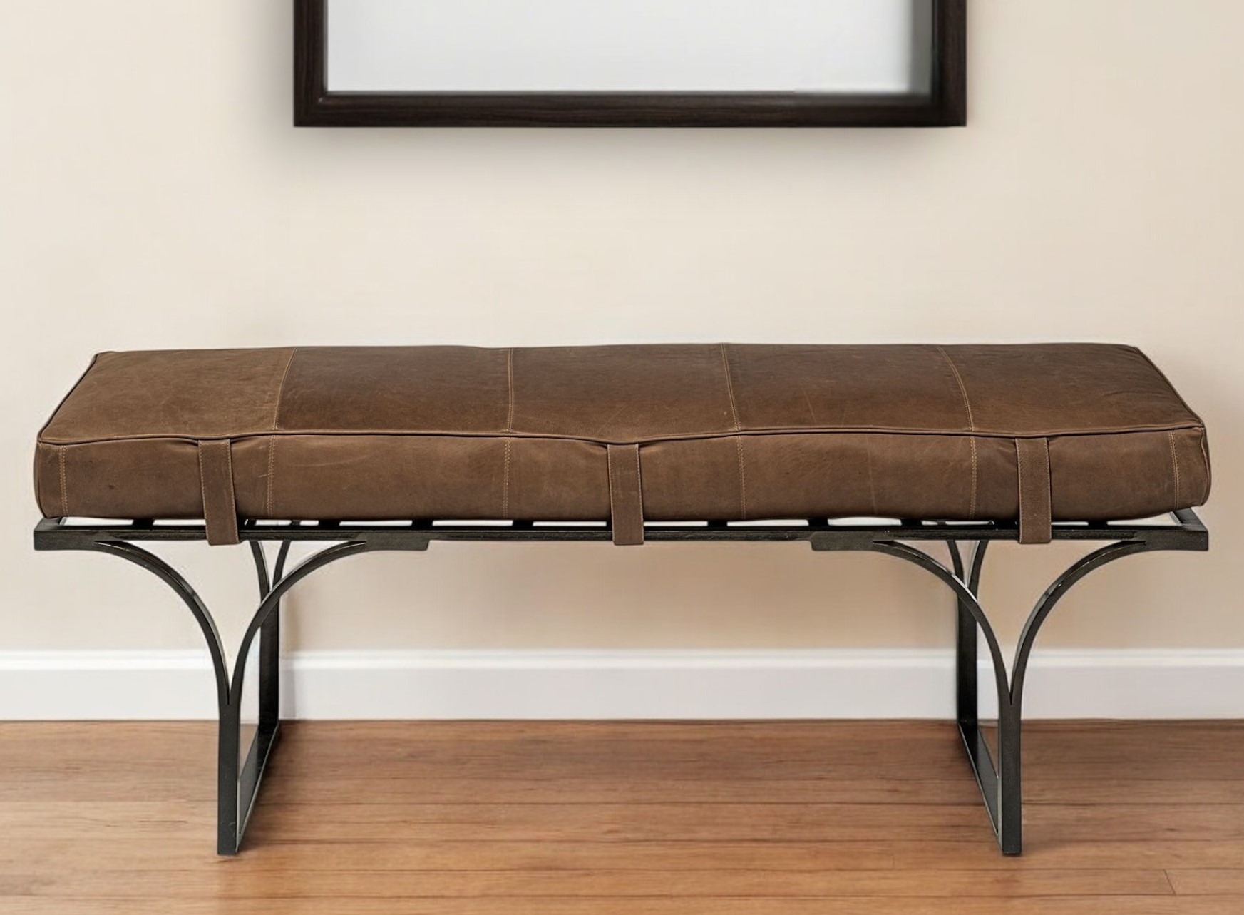 55" Brown Leather Upholstery Bench with Black Metal Base 2 55" Brown Leather Upholstery Bench with Black Metal Base - Image 2