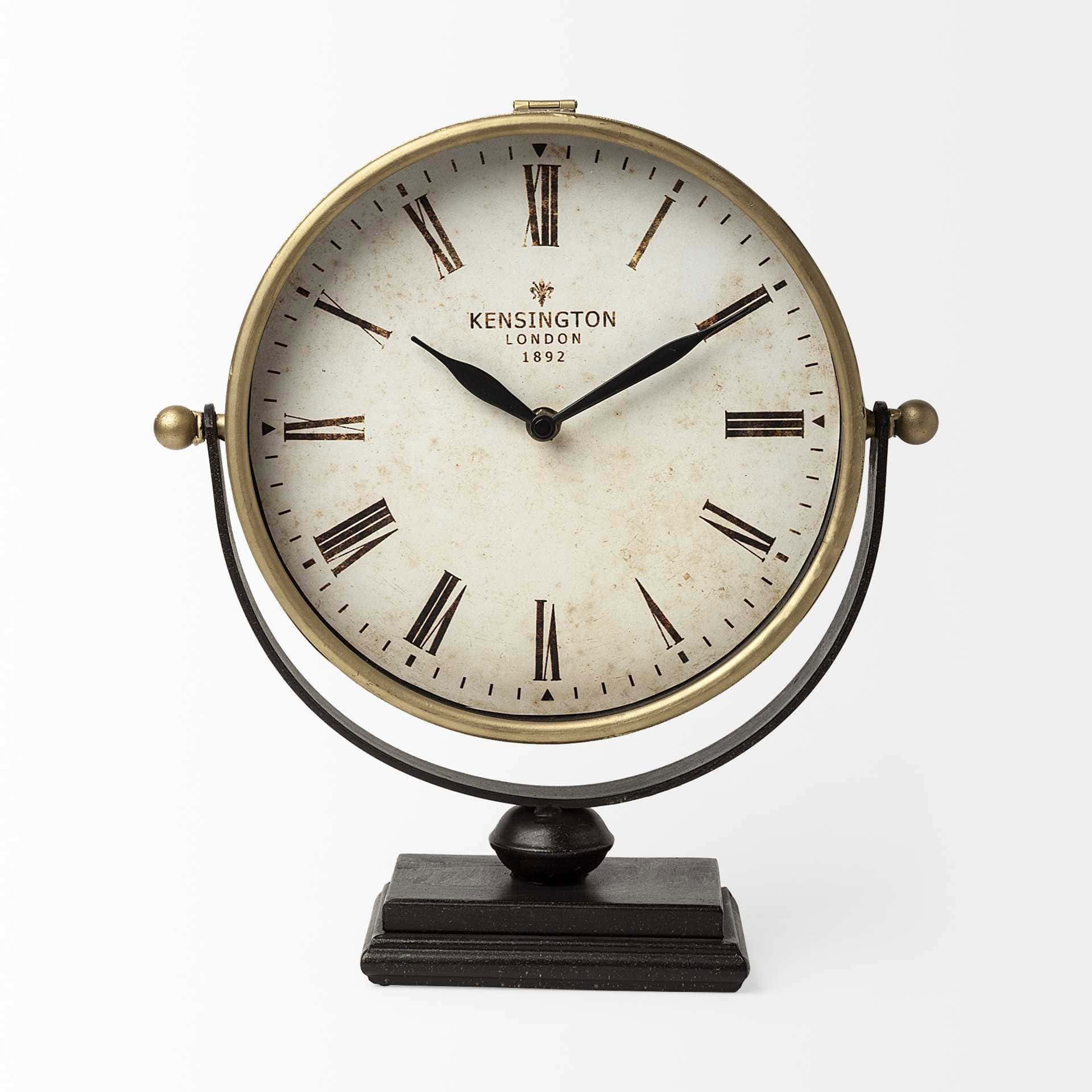 Gold Metal Free-Standing Clock With Roman Numerals and Base 1 Gold Metal Free-Standing Clock With Roman Numerals and Base